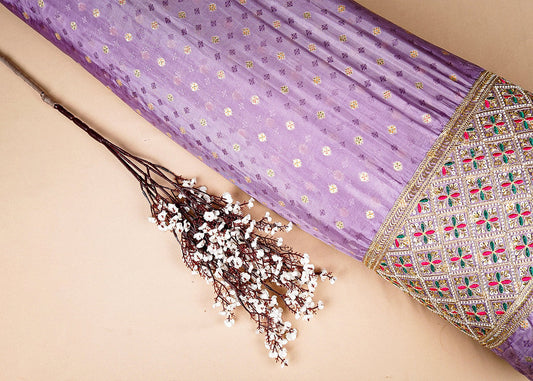 Lavender Silk Fabric With All Over Zari Buti With One Side Zari, Thread and Sequins Work Border PG 16001