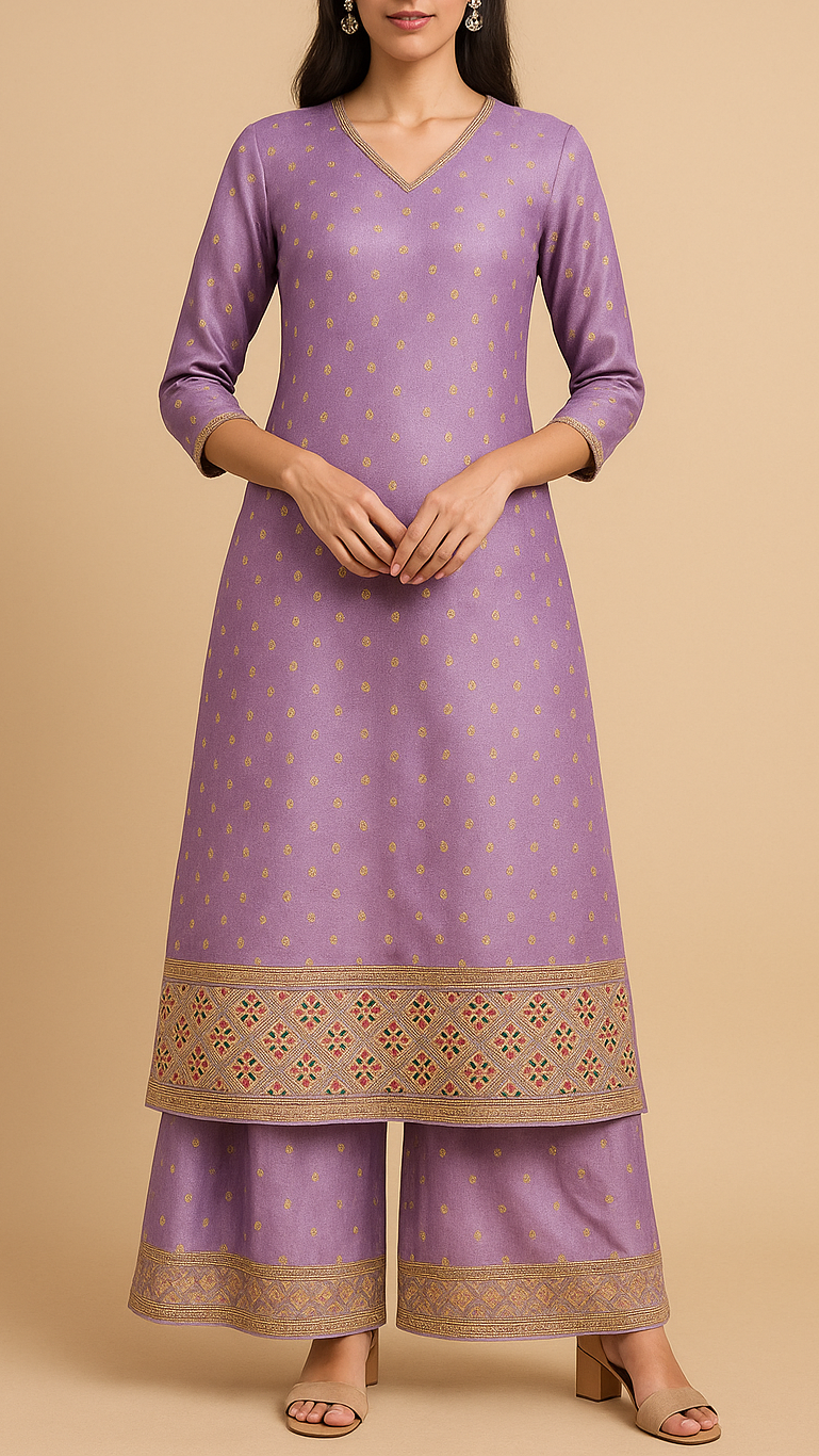 Lavender Silk Fabric With All Over Zari Buti With One Side Zari, Thread and Sequins Work Border PG 16001