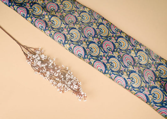 Teal Blue Silk Fabric With Traditional Print With Golden Zari Work PG 20313
