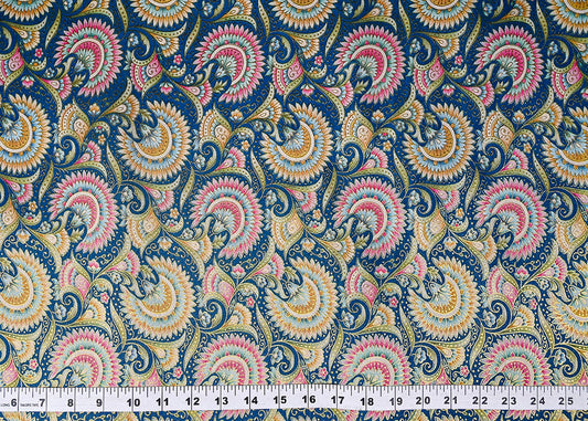 Teal Blue Silk Fabric With Traditional Print With Golden Zari Work PG 20313