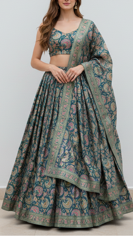 Teal Blue Silk Fabric With Traditional Print With Golden Zari Work PG 20313