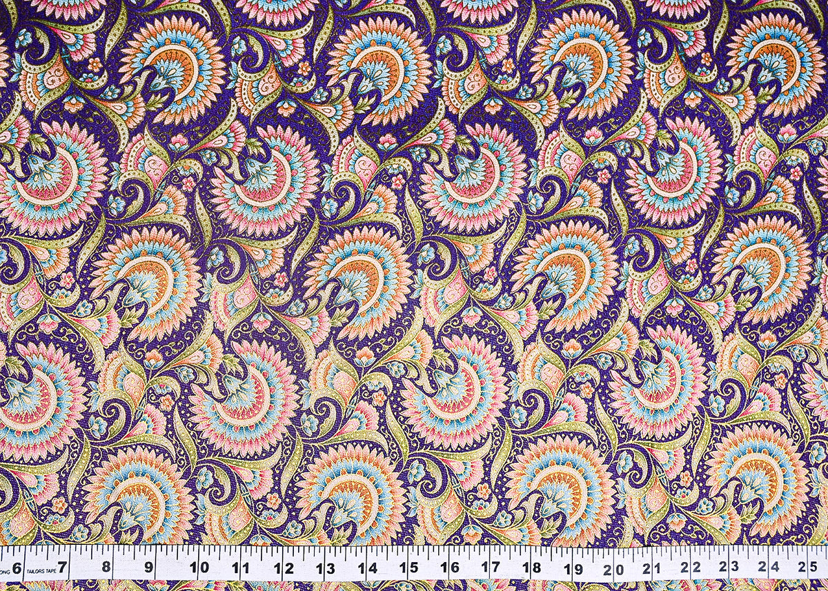 Purple Silk Fabric With Traditional Print With Golden Zari Work PG 20310