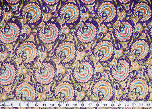 Purple Silk Fabric With Traditional Print With Golden Zari Work PG 20310