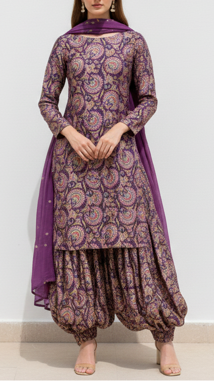 Purple Silk Fabric With Traditional Print With Golden Zari Work PG 20310
