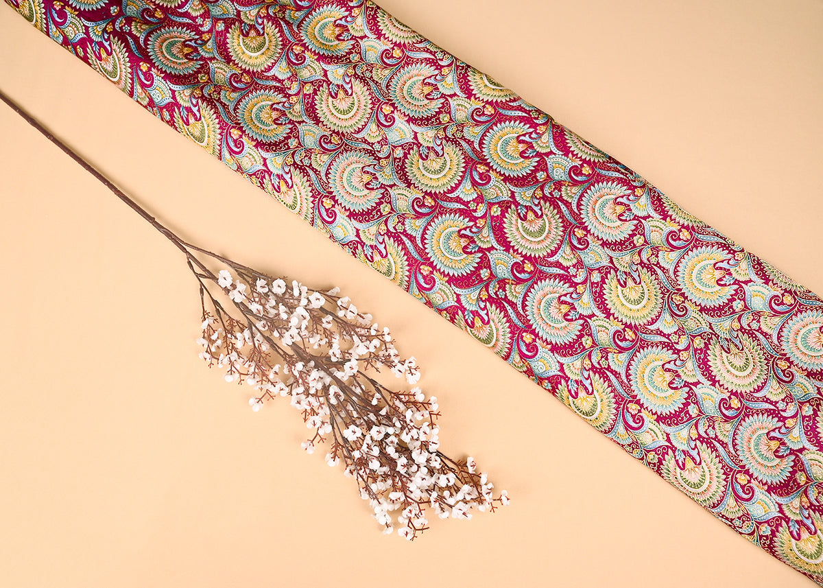 Rani Pink Silk Fabric With Traditional Print With Golden Zari Work PG 20312