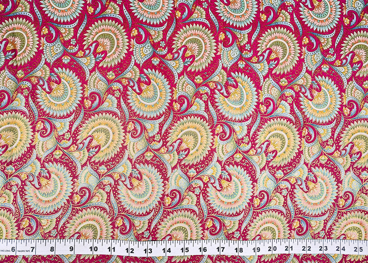 Rani Pink Silk Fabric With Traditional Print With Golden Zari Work PG 20312