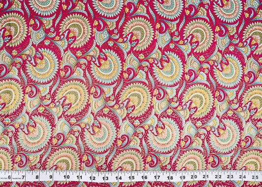 Rani Pink Silk Fabric With Traditional Print With Golden Zari Work PG 20312