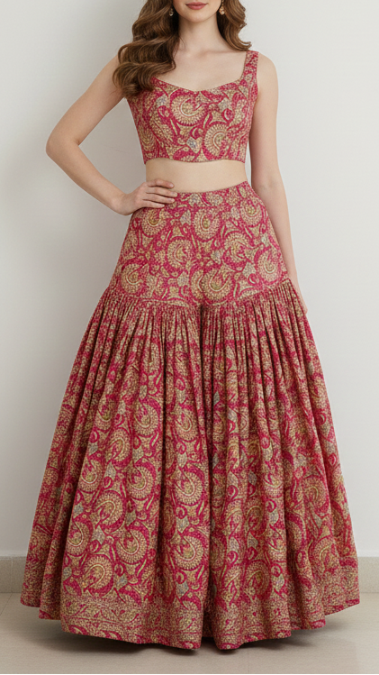 Rani Pink Silk Fabric With Traditional Print With Golden Zari Work PG 20312