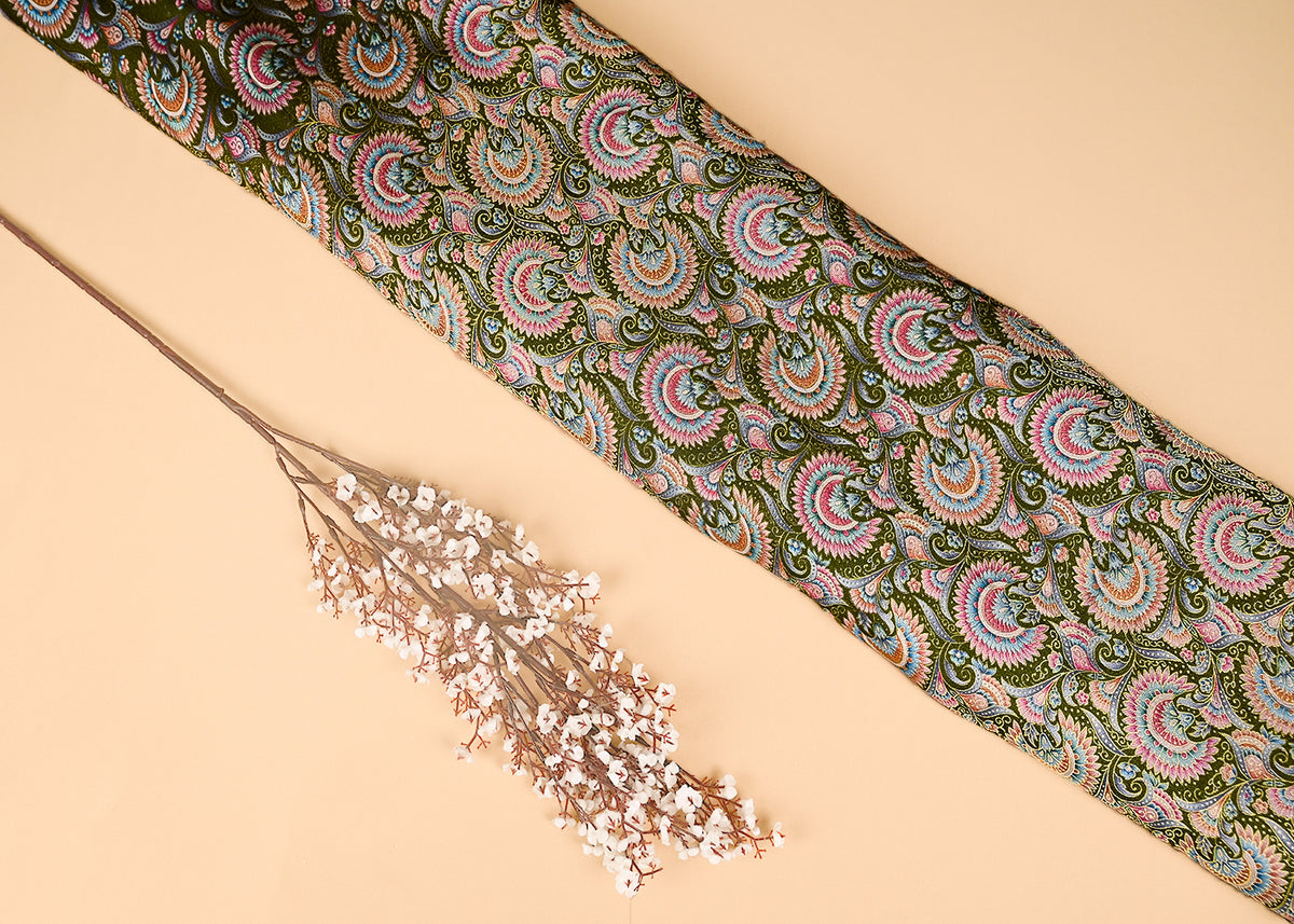 Mehendi Green Silk Fabric With Traditional Print With Golden Zari Work PG 20311