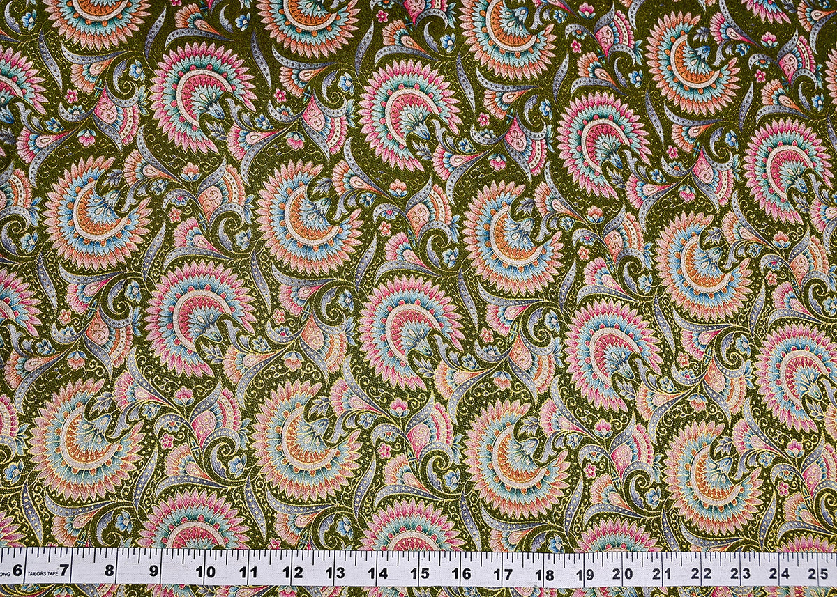 Mehendi Green Silk Fabric With Traditional Print With Golden Zari Work PG 20311
