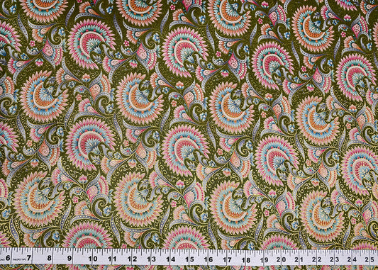 Mehendi Green Silk Fabric With Traditional Print With Golden Zari Work PG 20311