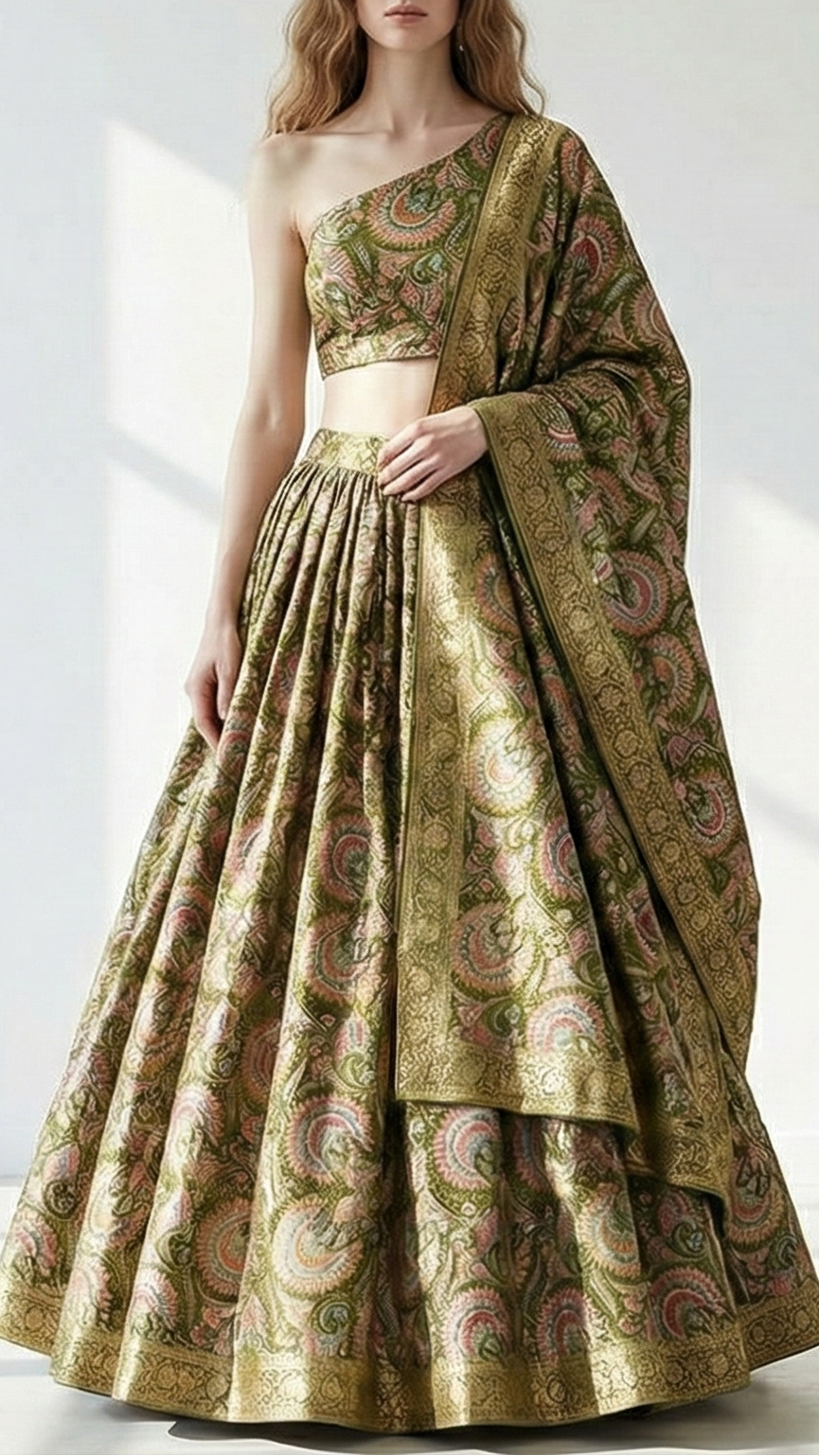 Mehendi Green Silk Fabric With Traditional Print With Golden Zari Work PG 20311