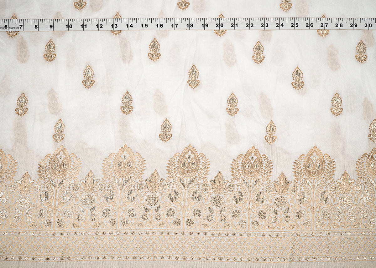 White Dyeable Silk Fabric with Allover Zari Handloom and One-Side Border PG 19705