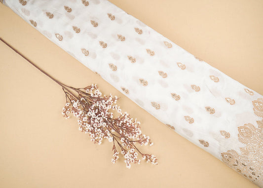 White Dyeable Silk Fabric with Allover Zari Handloom and One-Side Border PG 19705