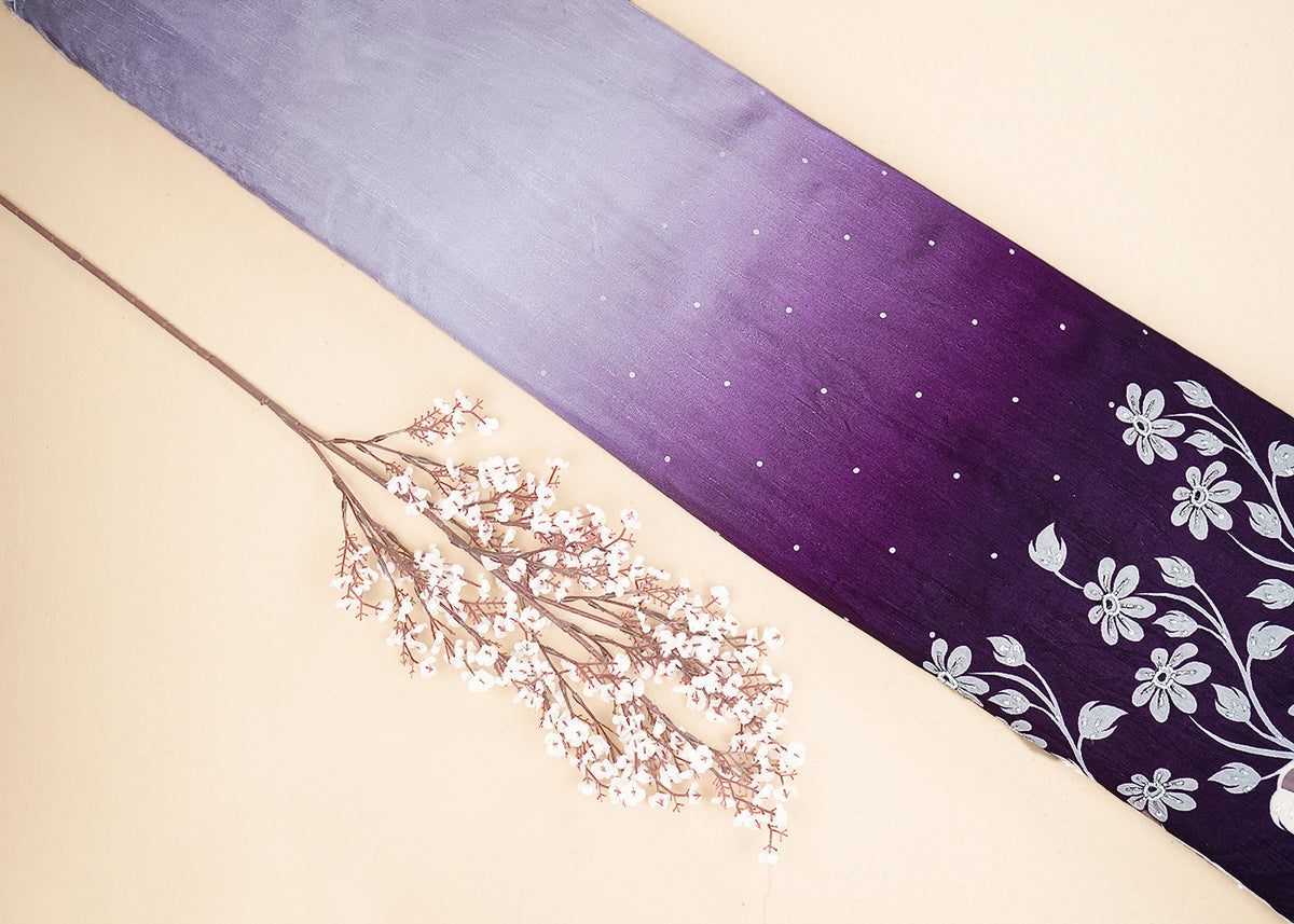 Dark Purple Silk Fabric With All Over Ombre Shade And Floral Print With Bead And Sequins Work PG 19965