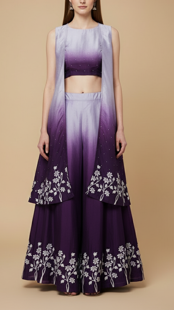 Dark Purple Silk Fabric With All Over Ombre Shade And Floral Print With Bead And Sequins Work PG 19965