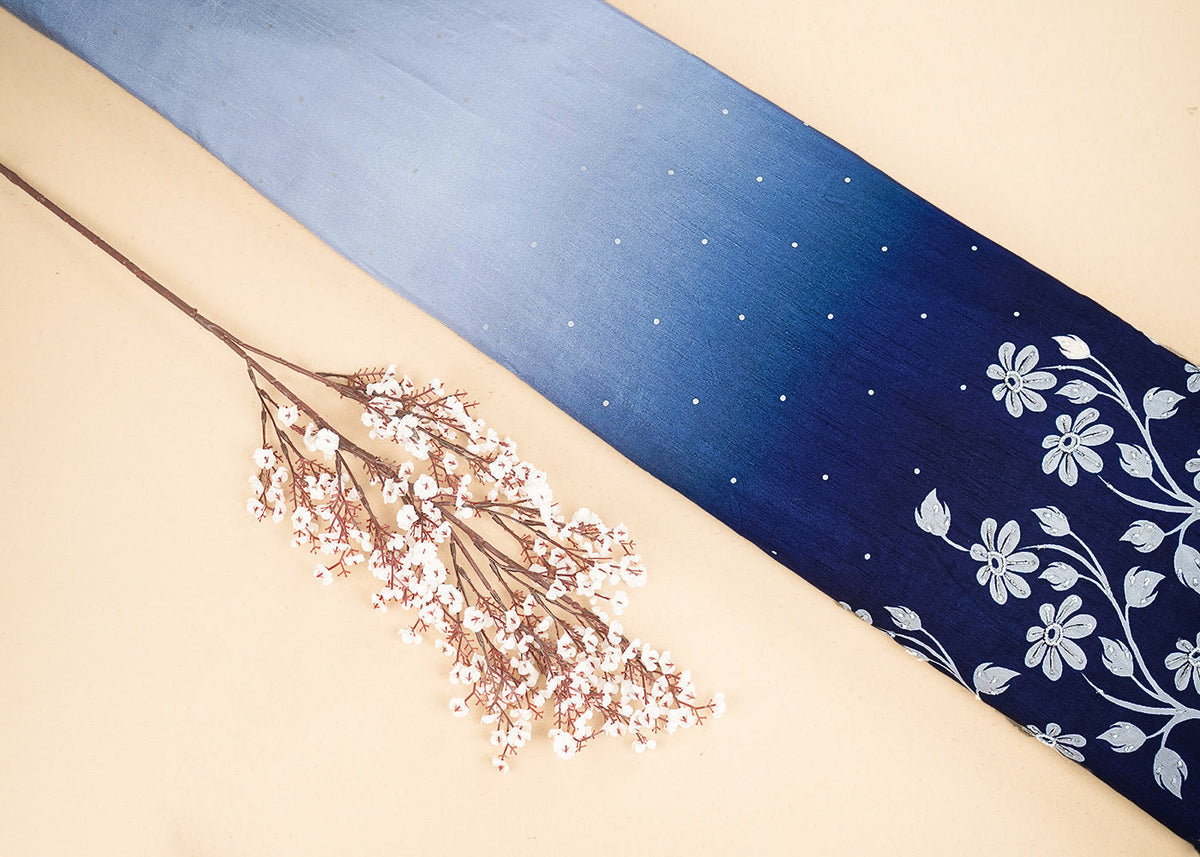 Navy Blue Silk Fabric With All Over Ombre Shade And Floral Print With Bead And Sequins Work PG 19964