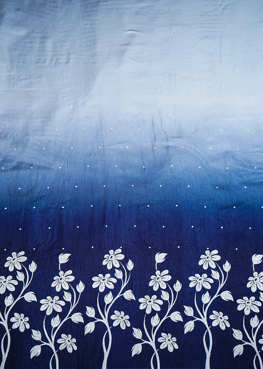 Navy Blue Silk Fabric With All Over Ombre Shade And Floral Print With Bead And Sequins Work PG 19964