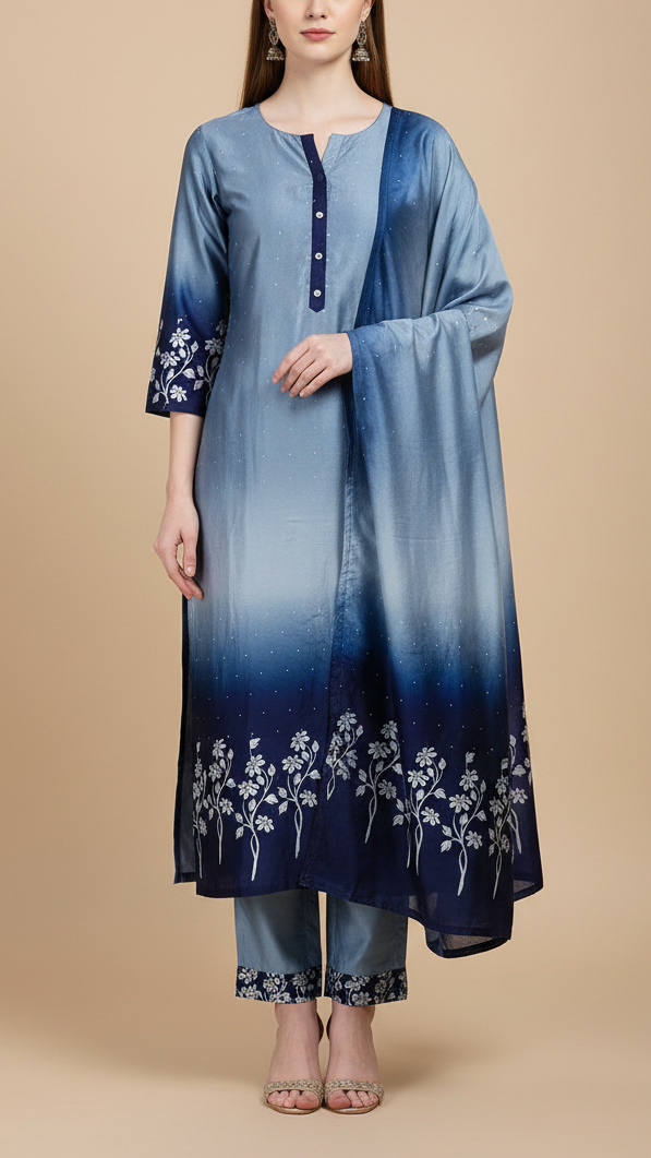 Navy Blue Silk Fabric With All Over Ombre Shade And Floral Print With Bead And Sequins Work PG 19964