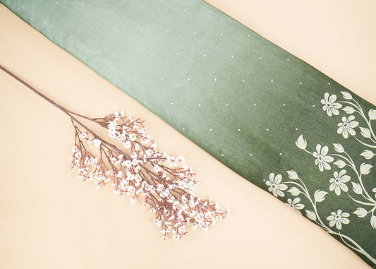 Olive Green Silk Fabric With All Over Ombre Shade And Floral Print With Bead And Sequins Work PG 19967