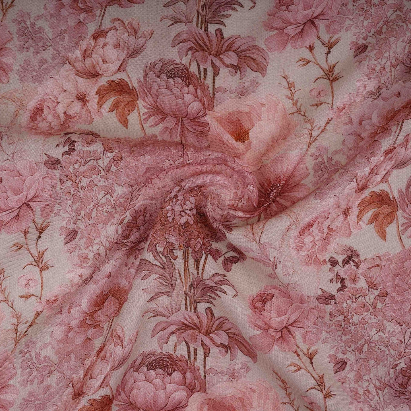 Cream & Pink Floral Print Cotton Linen Fabric TU 30978