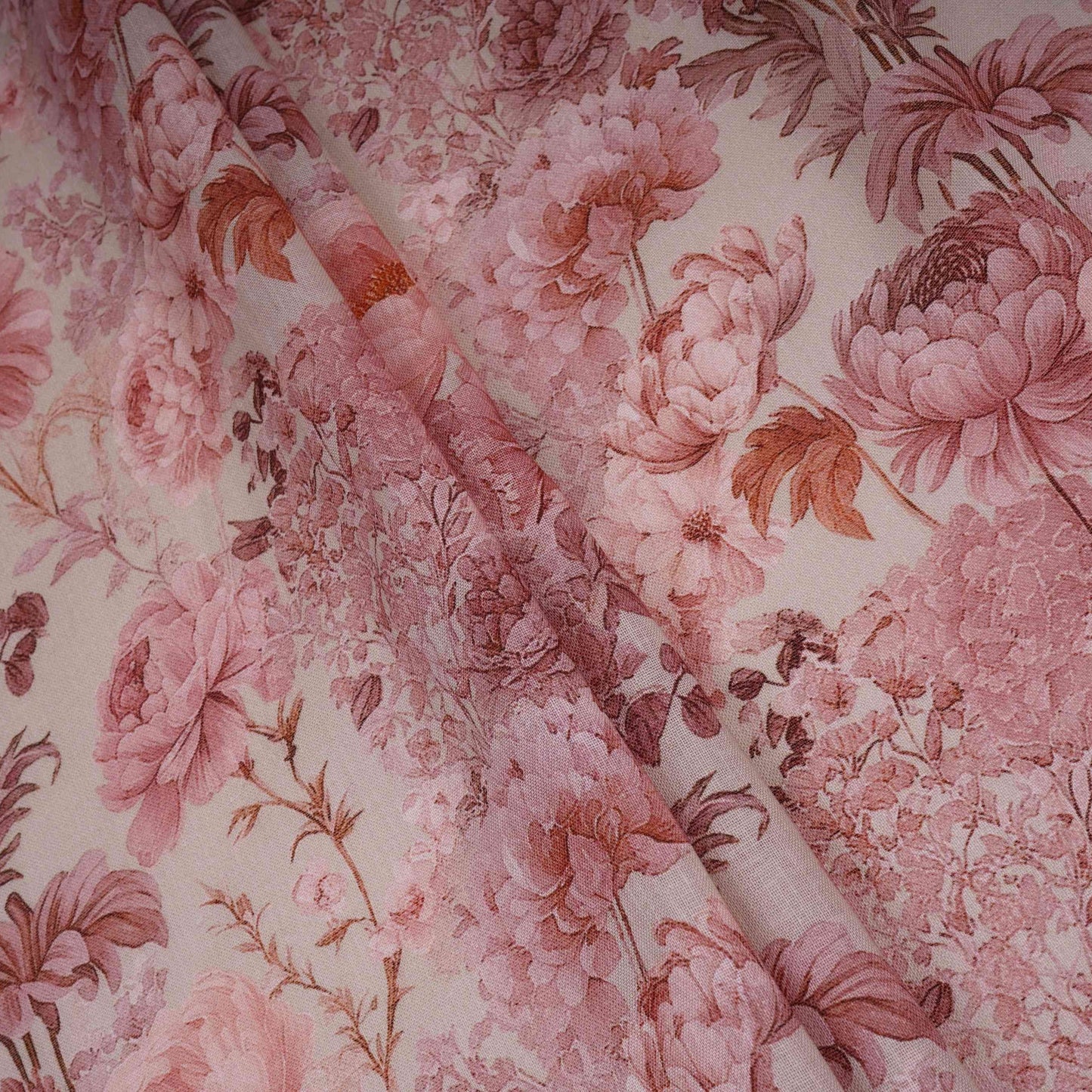 Cream & Pink Floral Print Cotton Linen Fabric TU 30978