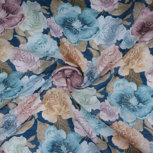 Navy Blue Floral Print Cotton Linen Fabric TU 30975