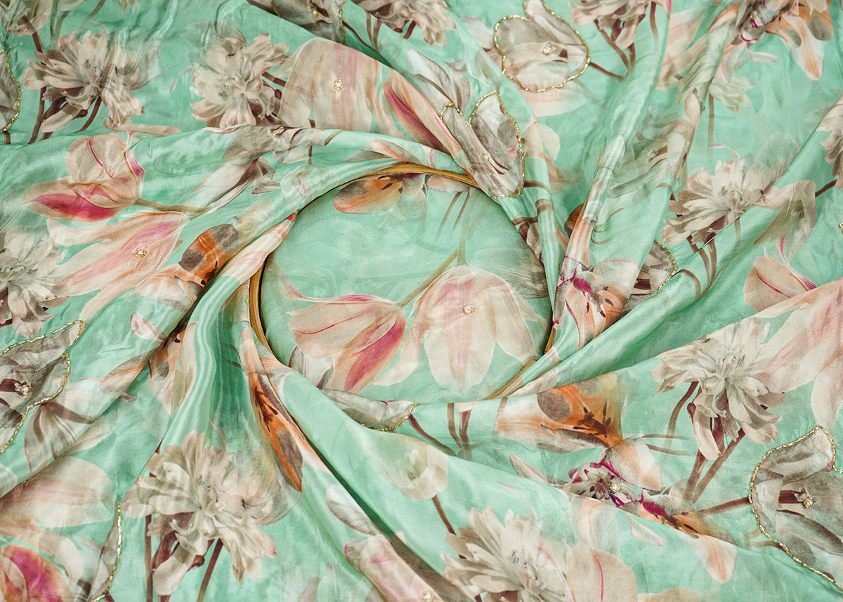 Mint Green Organza Fabric With All Over Floral Print, Bead And cutdana Work PG 22610