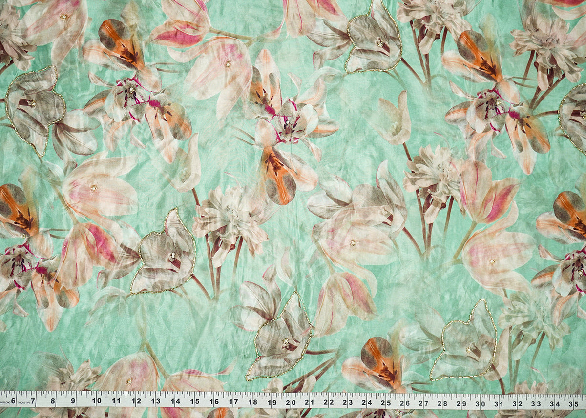 Mint Green Organza Fabric With All Over Floral Print, Bead And cutdana Work PG 22610
