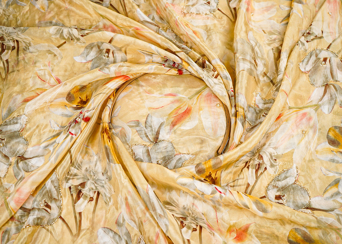 Lemon Yellow Organza Fabric With All Over Floral Print, Bead And Cutdana Work PG 22612