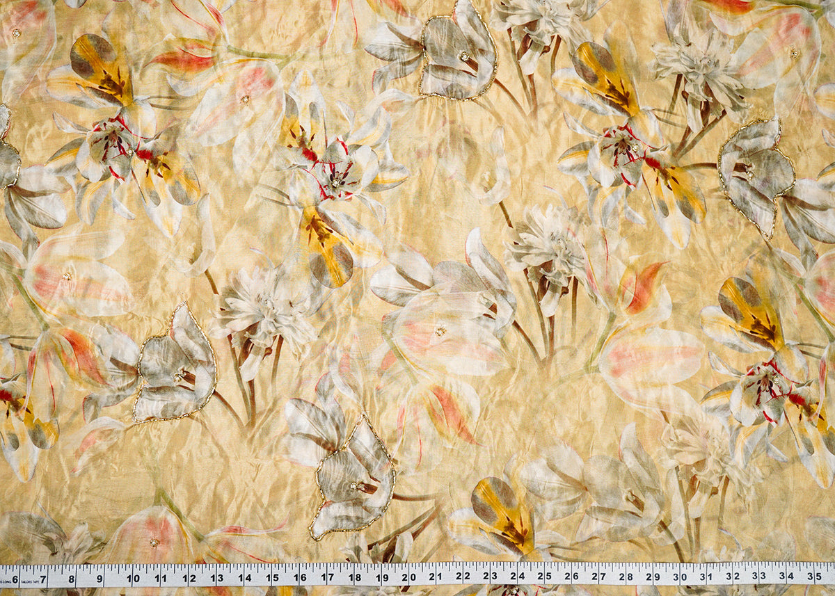 Lemon Yellow Organza Fabric With All Over Floral Print, Bead And Cutdana Work PG 22612