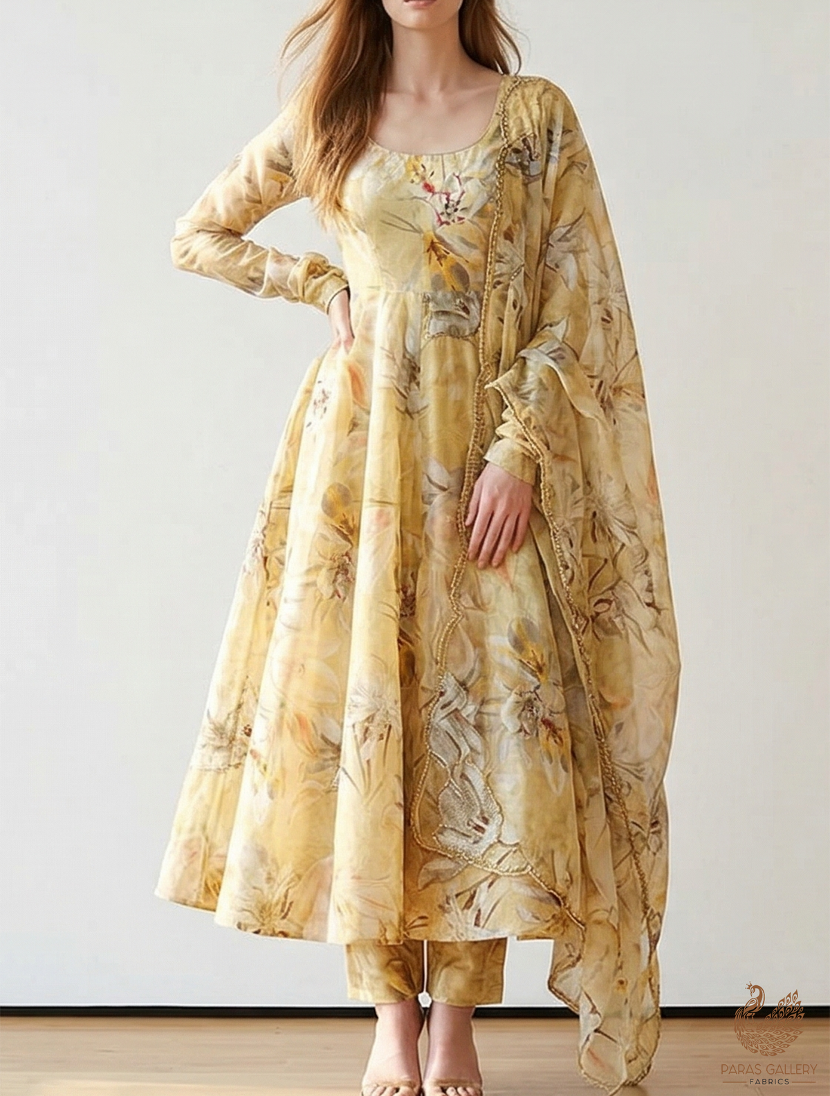 Lemon Yellow Organza Fabric With All Over Floral Print, Bead And Cutdana Work PG 22612