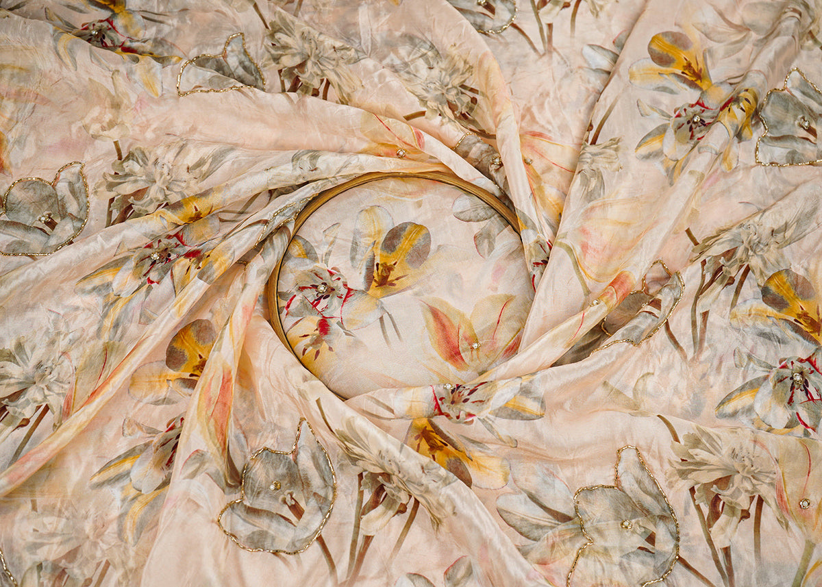 Cream Organza Fabric With All Over Floral Print, Bead And Katdana Work PG 22613