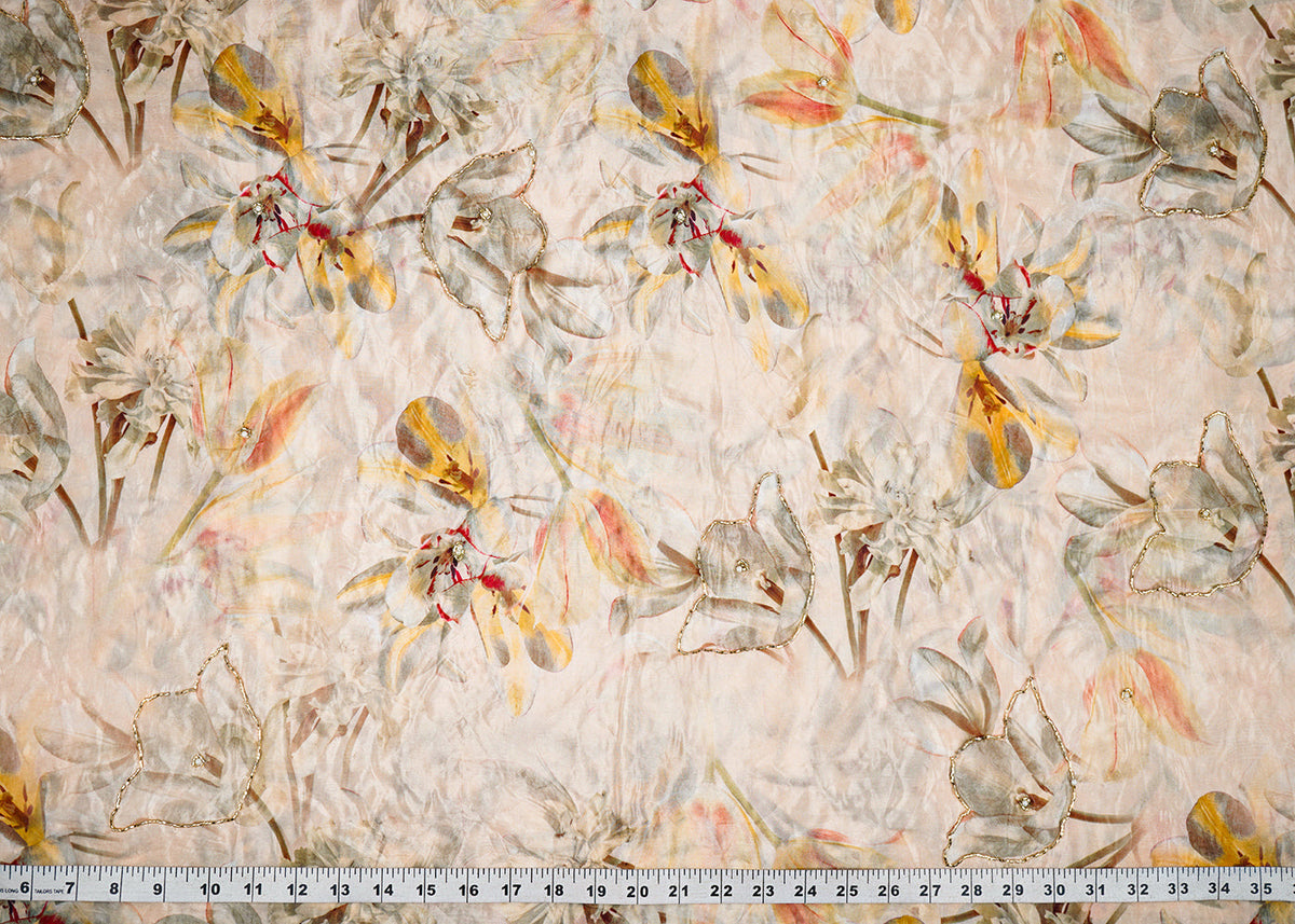 Cream Organza Fabric With All Over Floral Print, Bead And Katdana Work PG 22613