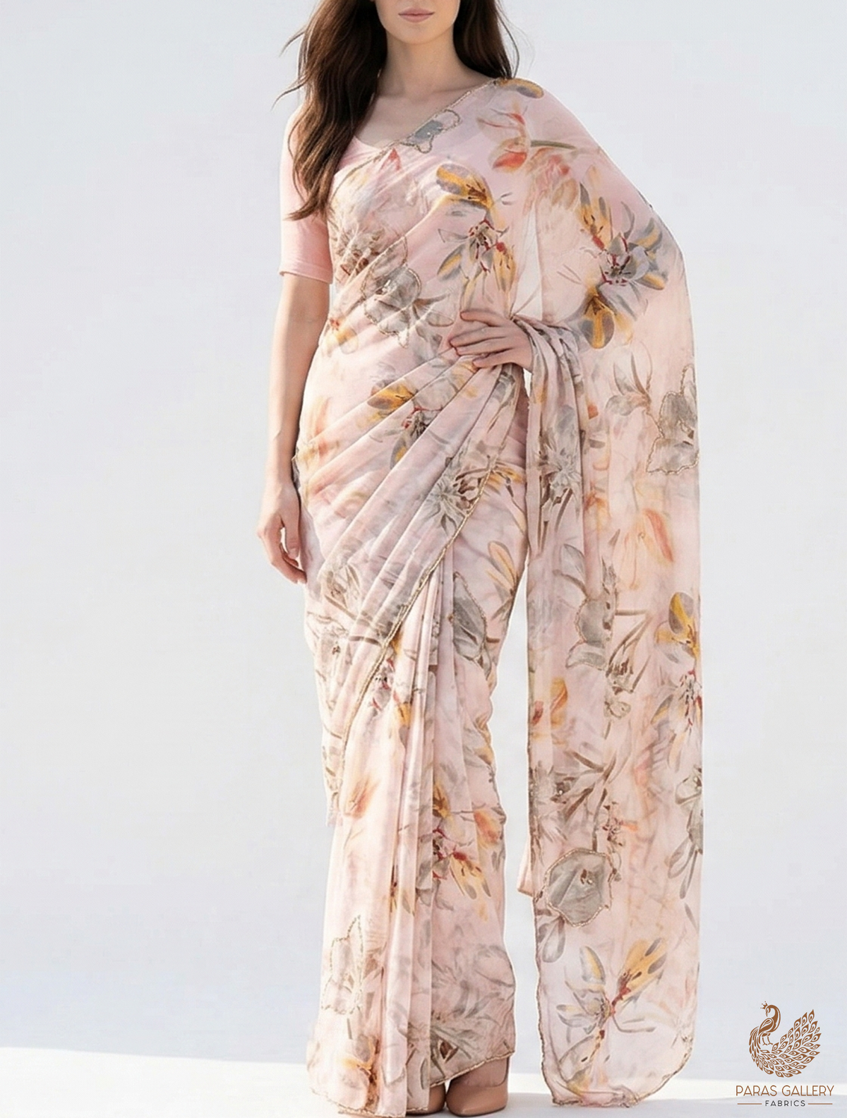 Cream Organza Fabric With All Over Floral Print, Bead And Katdana Work PG 22613