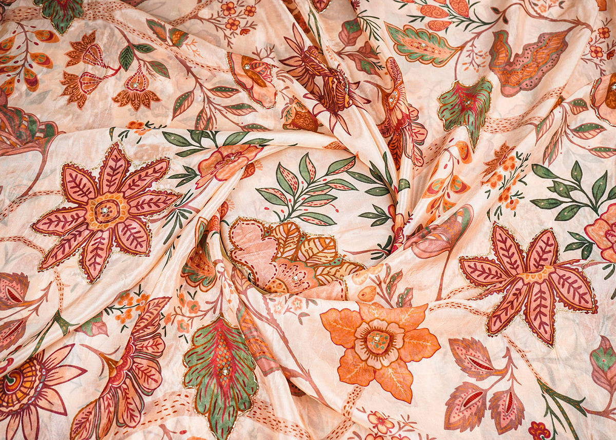 Peach Organza Fabric With All Over Floral Print, Bead And Cutdana Work PG 22608