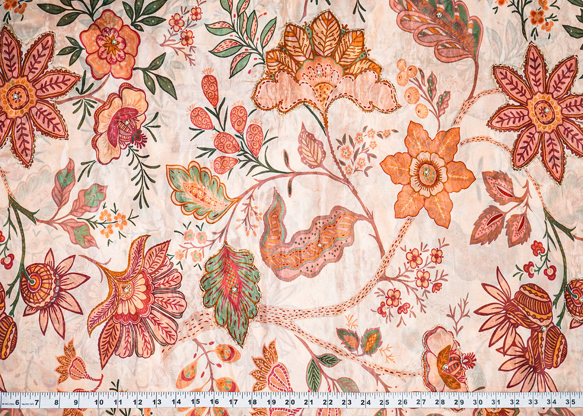 Peach Organza Fabric With All Over Floral Print, Bead And Cutdana Work PG 22608