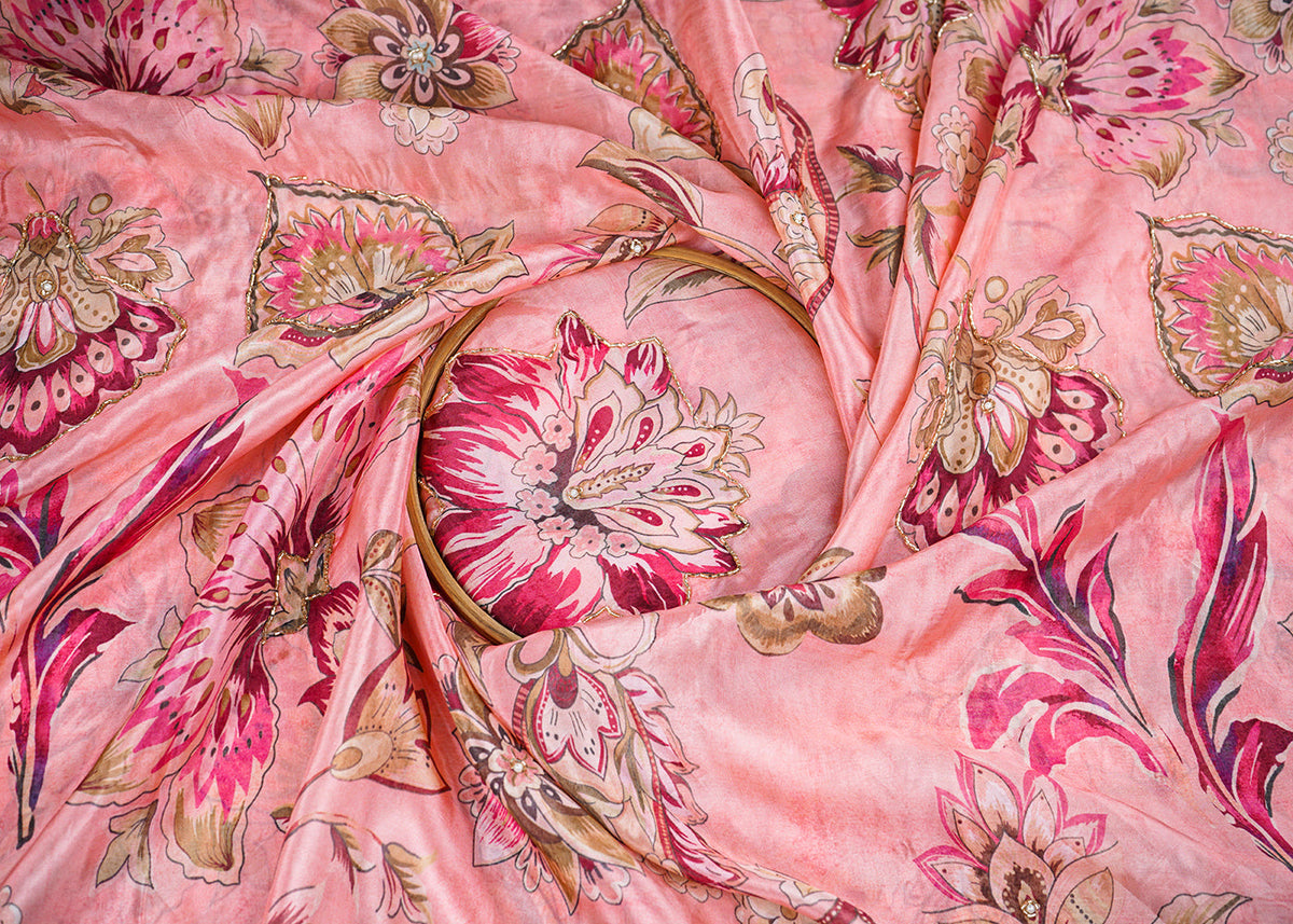 Light Pink Organza Fabric With All Over Floral Print, Bead And Cutdana Work 22609