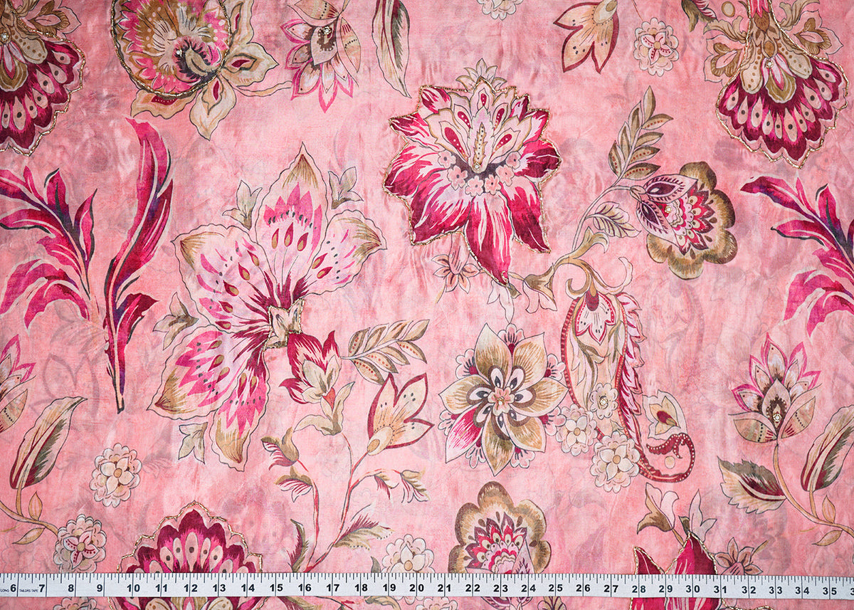 Light Pink Organza Fabric With All Over Floral Print, Bead And Cutdana Work 22609