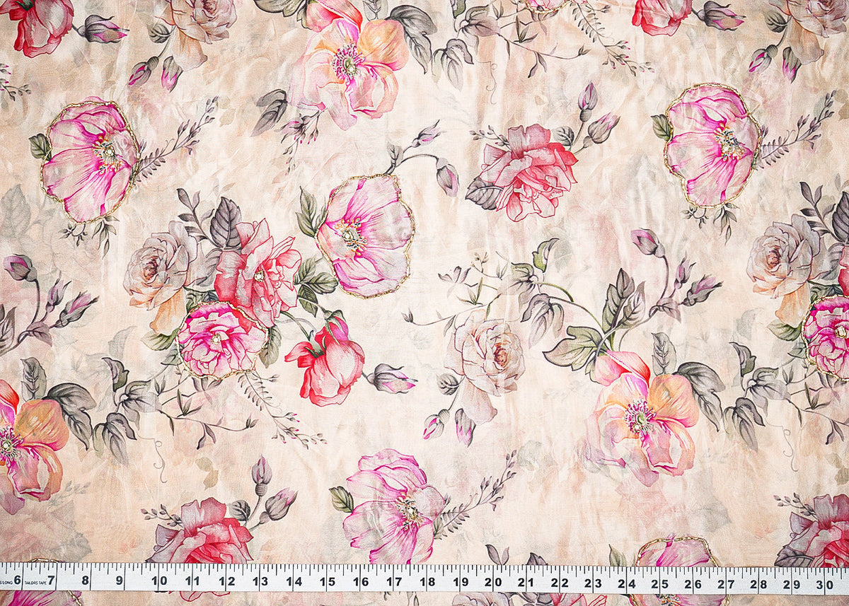 Tania Inspired Edition | Beige Embroidered Organza Unstitched Fabric 22615