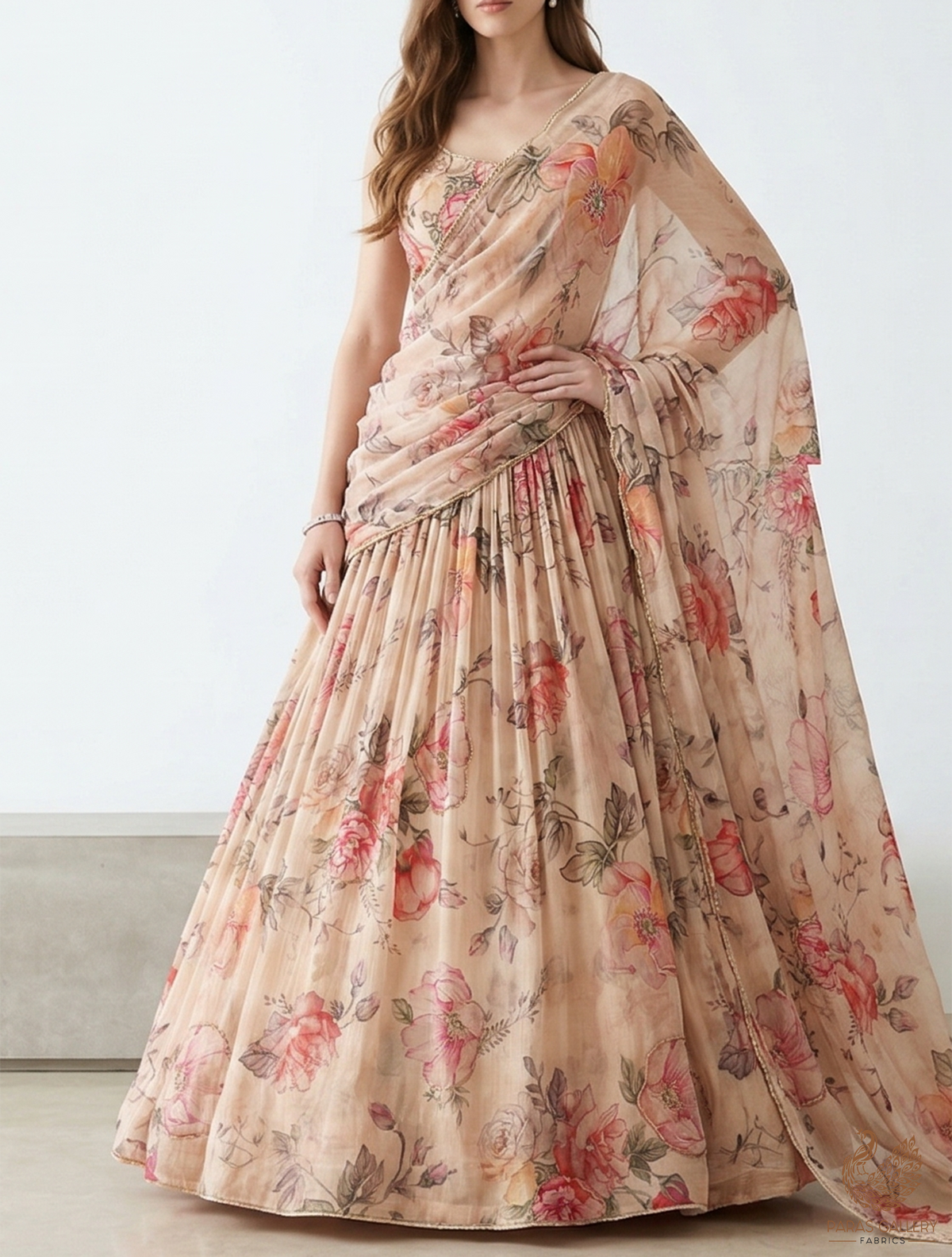 Tania Inspired Edition | Beige Embroidered Organza Unstitched Fabric 22615