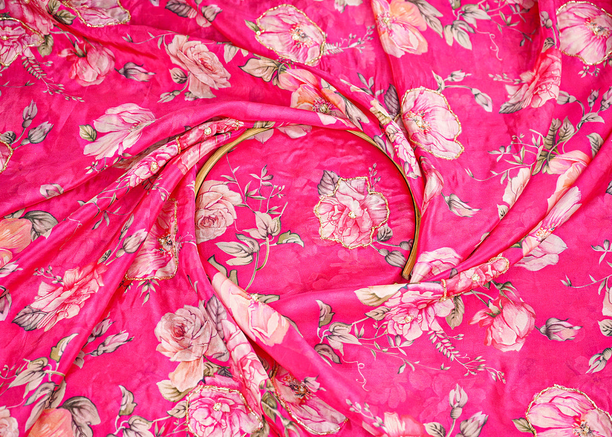 Pink Organza Fabric With All Over Floral Print, Bead And Katdana Work PG 22614
