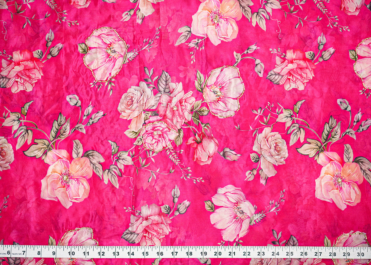 Pink Organza Fabric With All Over Floral Print, Bead And Katdana Work PG 22614