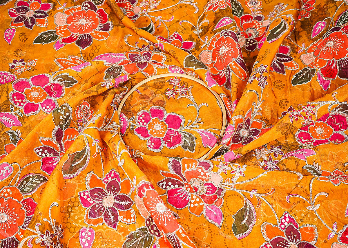 Bhumi Pednekar Inspired Edition | Mustard Embroidered Organza Unstitched Fabric  PG 21455