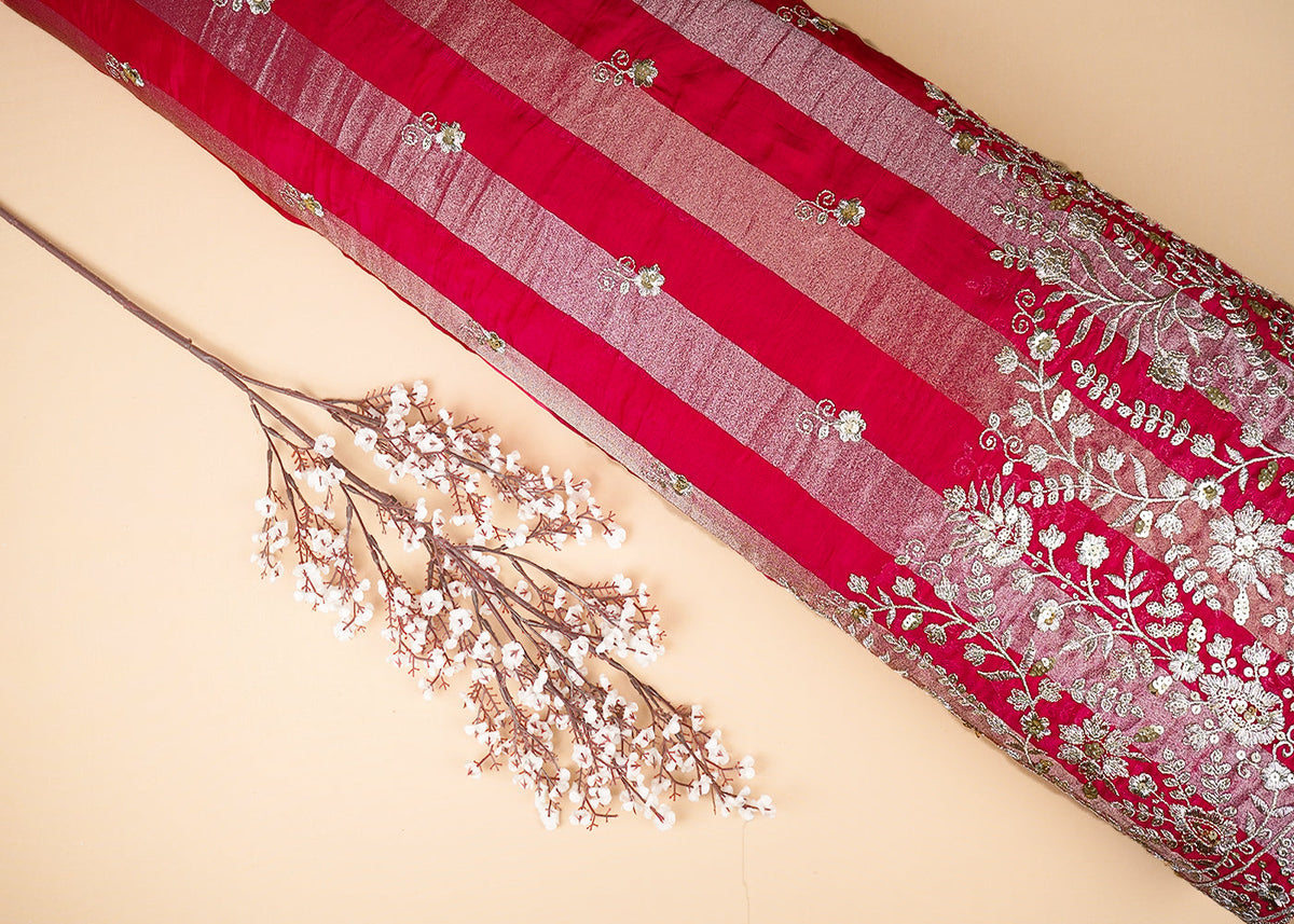 Rani Pink Organza Tissue Striped Fabric With Buti of Zari and Sequins with One Side Heavy Border Work PG 20903