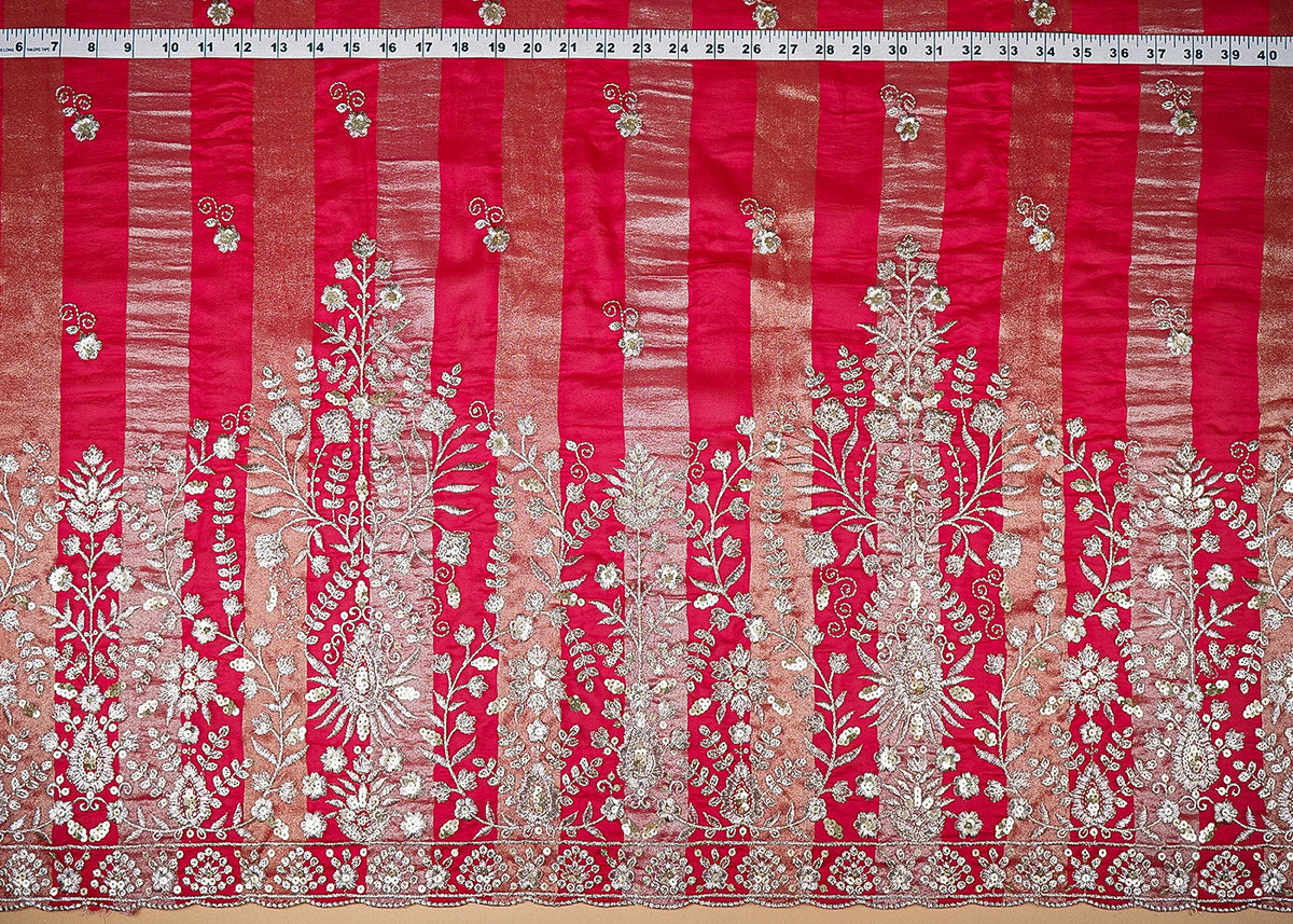 Rani Pink Organza Tissue Striped Fabric With Buti of Zari and Sequins with One Side Heavy Border Work PG 20903