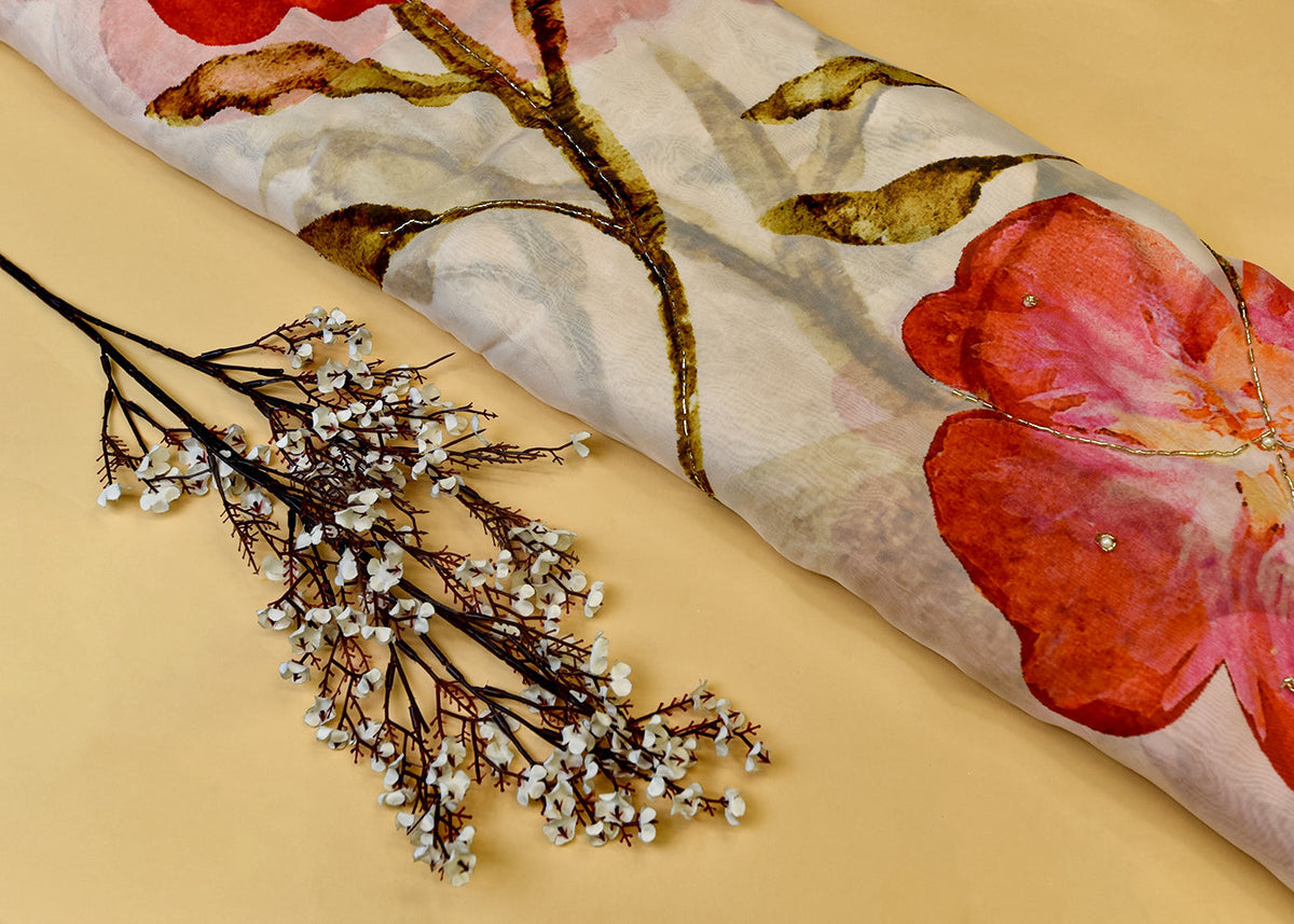 Gajri Organza Fabric with All Over Print, Katdana and Pearl Work PG 1522