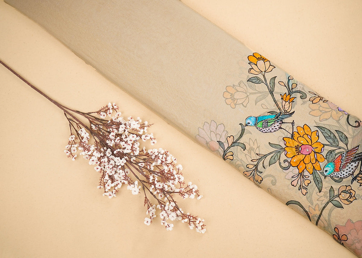 Beige Georgette Fabric with All Over Traditional Print and Katdana, Bead and Sequins Work PG 19678
