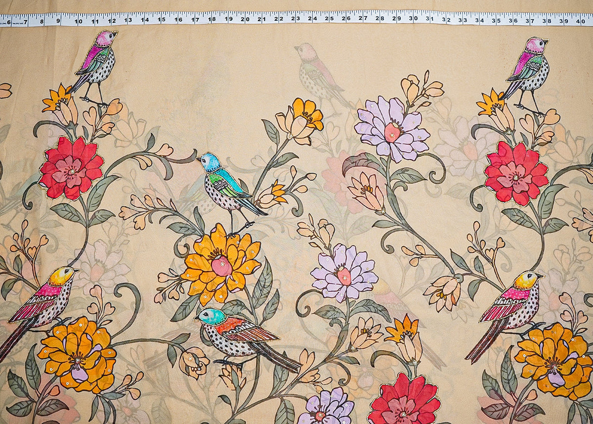 Beige Georgette Fabric with All Over Traditional Print and Katdana, Bead and Sequins Work PG 19678
