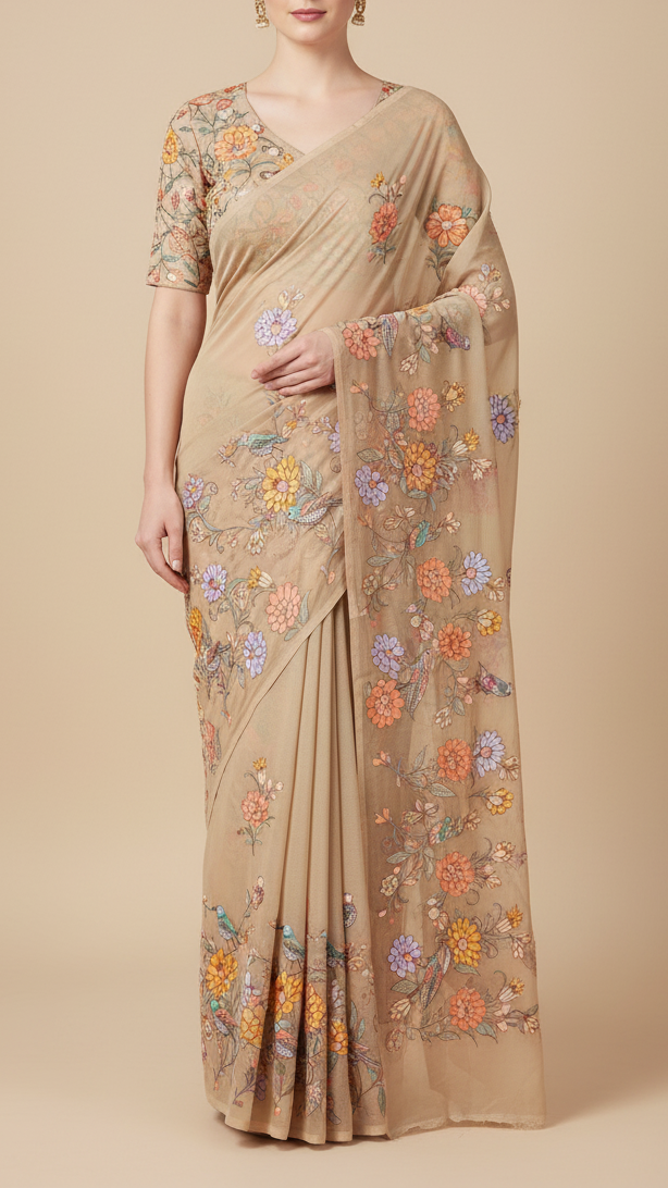 Beige Georgette Fabric with All Over Traditional Print and Katdana, Bead and Sequins Work PG 19678